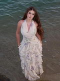 Pretty Halter V Neck White Chiffon Print Floral Ruffles Long Party Dress Prom Gown