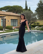Classy Off The Shoulder Black Satin Mermaid Evening Dress Long Prom Gown SP718