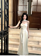 Classy Spaghetti Straps White Satin Mermaid Long Wedding Guest Dress Formal Evening Dress With Scarf SP1645