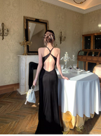 Sexy Black Neck Satin Mermaid Evening Dress Backless Long Wedding Guest Dress SP1538