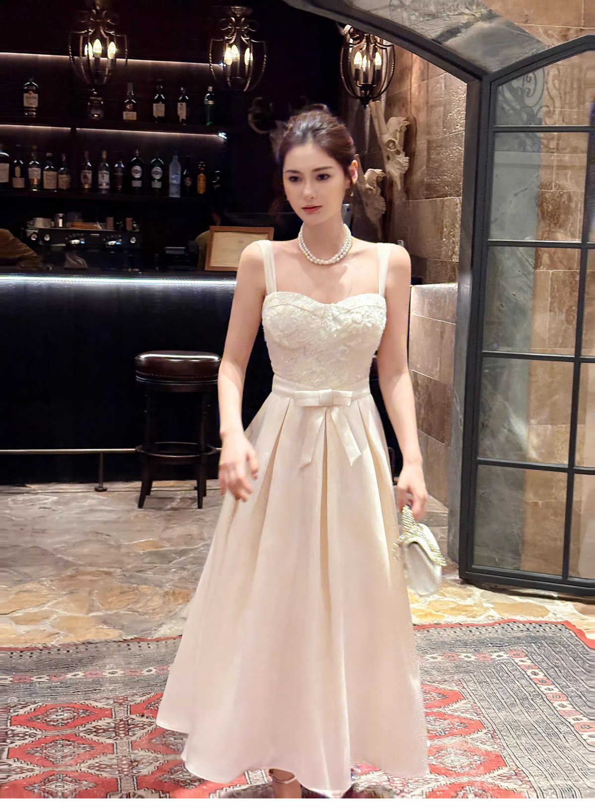 Pretty Bow Satin Lace A Line Long Evening Dress White Wedding Guest Dress SP1540