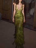 Unique Spaghetti Straps V Neck Green Satin Chiffon Layered Mermaid Evening Dress Long Prom Gown SP926