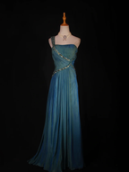 Unique Blue One Shoulder Satin Pleated Beaded Mermaid Prom Dress Long Birthday Evening Gowns
