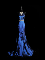 Gorgeous Navy Blue Satin Beaded Mermaid Prom Dress Backless Long Evening Dress SP436