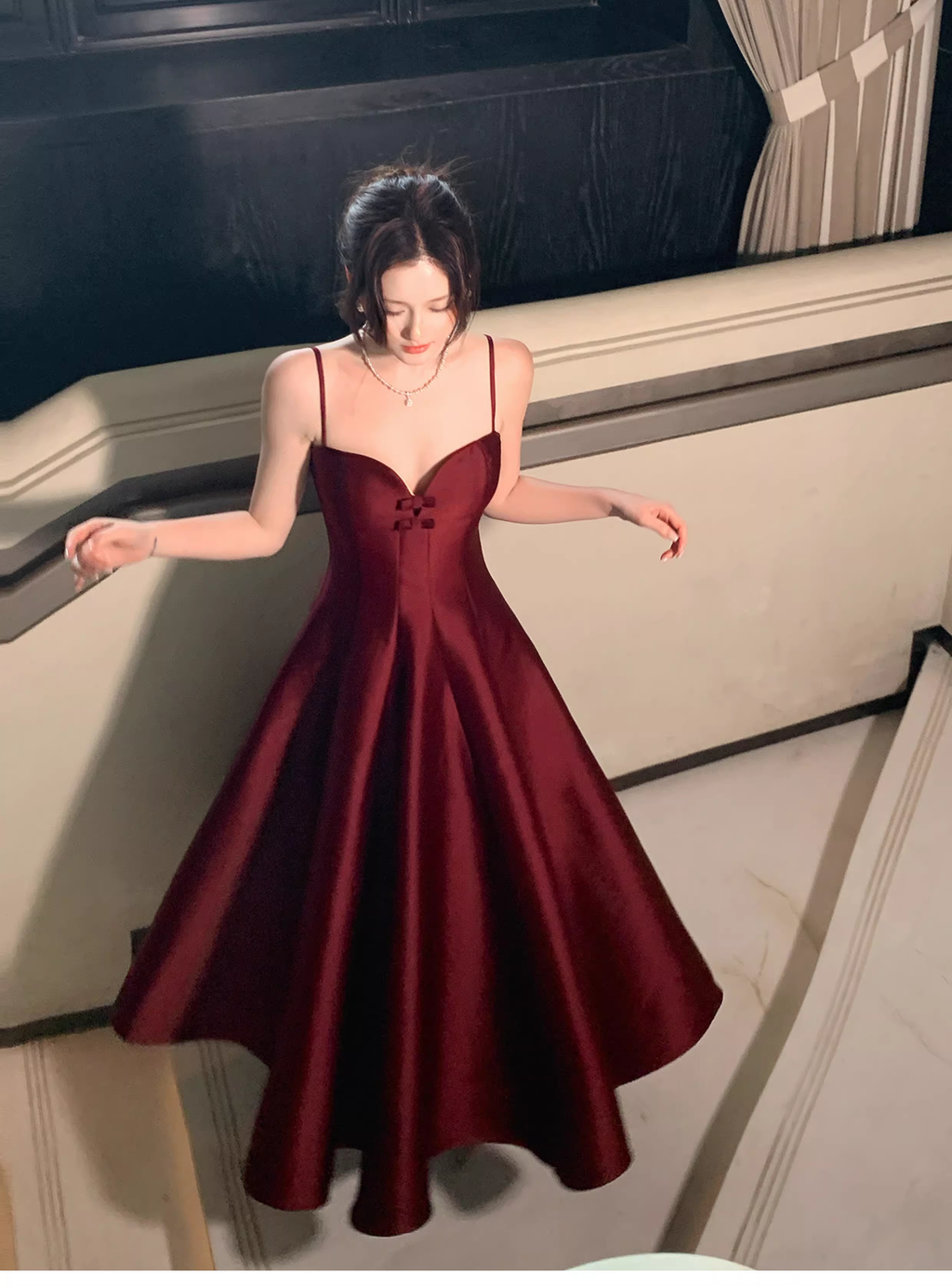 Elegant Burgundy Spaghetti Straps Satin A Line Long Party Dress Formal Wedding Guest Dress SP1493