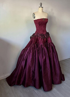 Gorgeous Strapless Ball Gown Burgundy Satin Beaded Long Evening Dress Party Gown