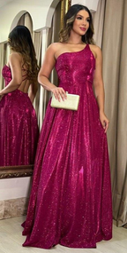 Sparkly One Shoulder Satin Sequin A Line Long Party Dress Hot Pink Evening Gown
