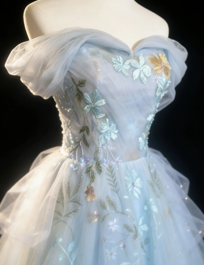 Classy Blue Off The Shoulder Tulle Appliques A Line Long Party Dress Birthday Prom Dresses SP1624