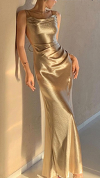 Fashion Spaghetti Strap Champagne Gold Satin Mermaid Party Dress Prom Gown SP538