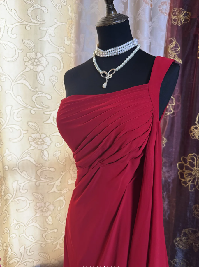 Charming Red One Shoulder Satin Pleated Mermaid Long Party Dress Formal Wedding Guest Dress SP1948
