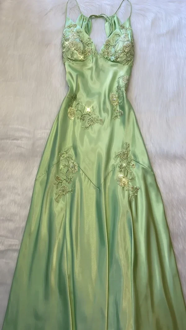 Sexy Mint Green V-Neck Beaded Prom Dress Evening Dress Backless Party Gown  cc2053
