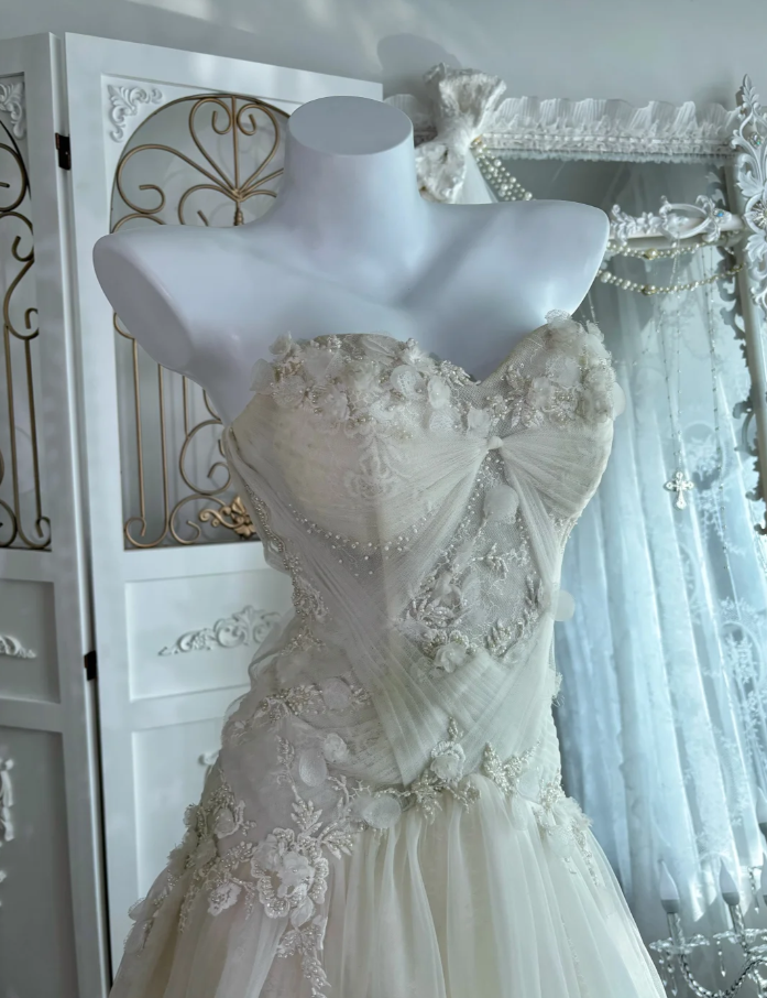 Classy Strapless Off White Tulle Beaded Appliques Mermaid Long Birthday Party Dress Prom Gown SP1463