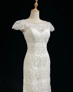 Classy White Lace Beaded Mermaid Long Birthday Prom Dress Formal Evening Dress SP1386