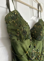 Vintage Spaghetti Straps Green Chiffon Beaded Mermaid Slit Long Prom Dress Birthday Evening Gown SP1811