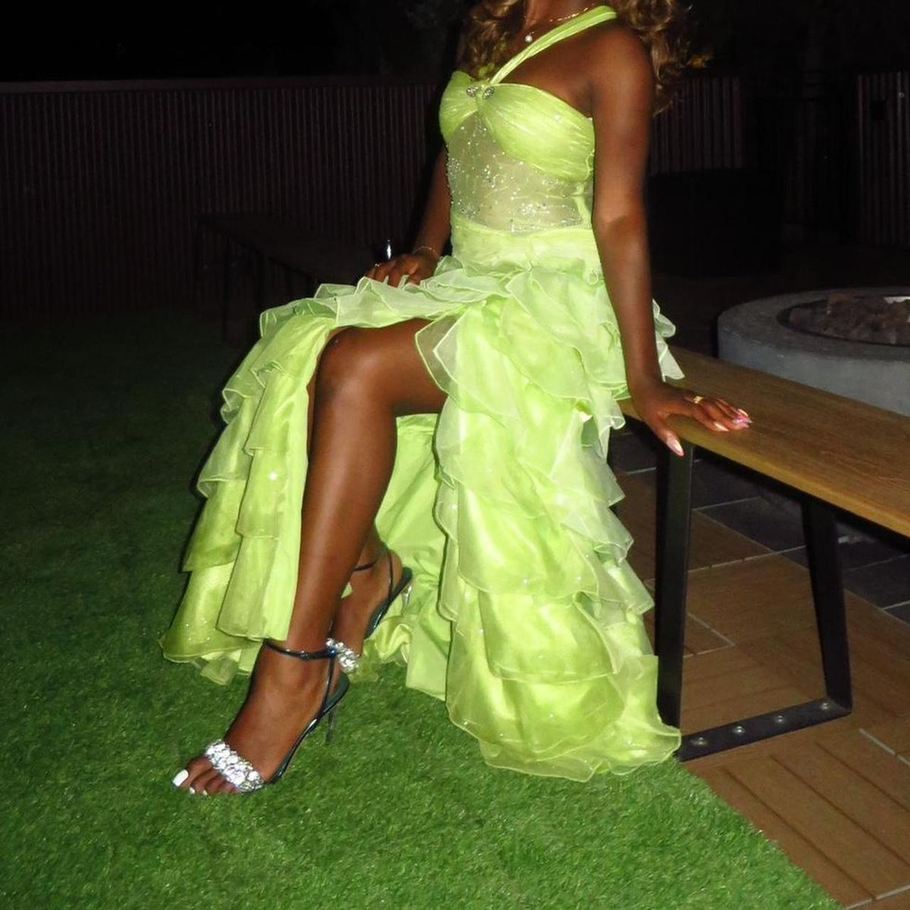 Chic Halter Lemon Green Beaded Tulle Ruffles Layered Slit Long Party Dress Mermaid Evening Gown