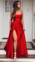 Red Straps Evening Dress,Square Neck Red Formal Gown,Long Graduation Dress cc997