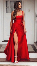 Red Straps Evening Dress,Square Neck Red Formal Gown,Long Graduation Dress cc997