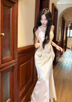 Charming White Spaghetti Straps White Satin Pleated Mermaid Long Party Dress Prom Gown SP1990