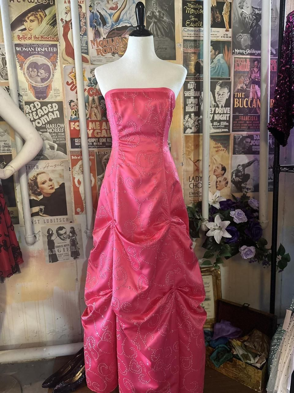 Elegant Hot Pink Strapless Satin Beaded Long Party Dress Birthday Prom Gown