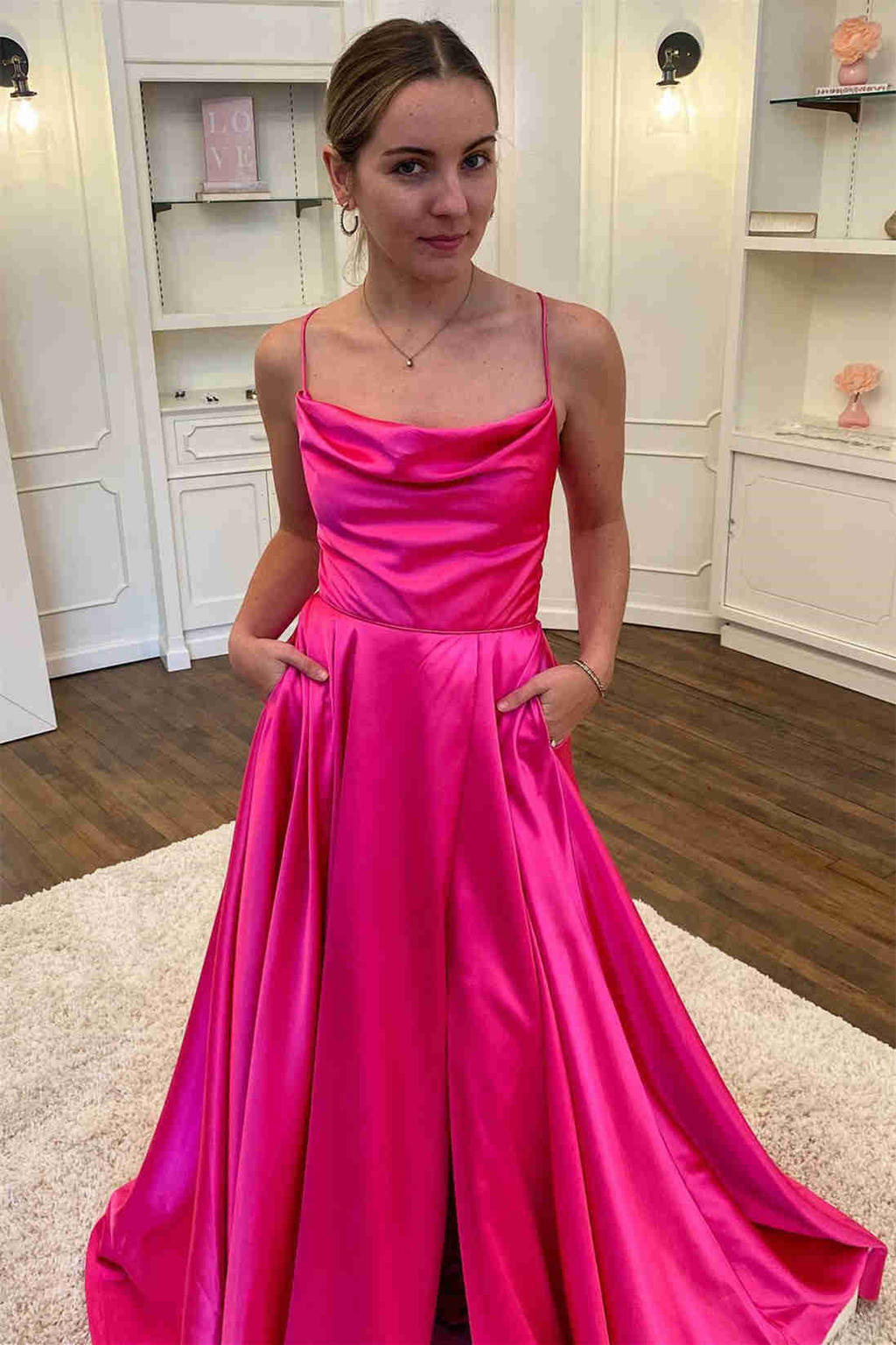 Cowl Neck Green Satin A-Line Formal Dress with Slit,Modest Prom Dress Y1884