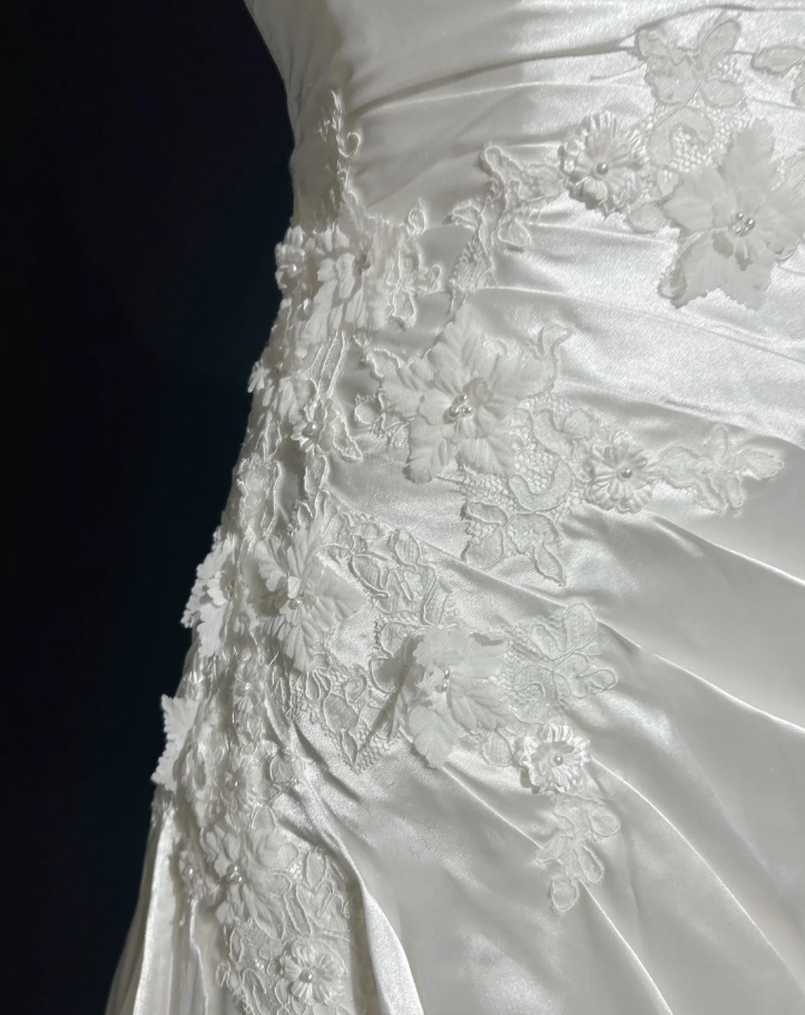 Pretty White One Shoulder Satin Pleated Appliques Mermaid Long Wedding Dress SP1284