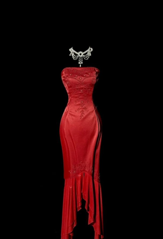 Stylish Strapless Red Satin Beaded Mermaid Long Wedding Guest Dress Formal Birthday Party Dress Prom Gown