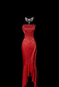 Stylish Strapless Red Satin Beaded Mermaid Long Wedding Guest Dress Formal Birthday Party Dress Prom Gown
