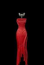 Stylish Strapless Red Satin Beaded Mermaid Long Wedding Guest Dress Formal Birthday Party Dress Prom Gown