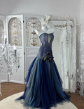 Shiny Strapless Navy Blue Tulle Sequin Beaded Mermaid Party Dress Long Wedding Guest Dress SP1442