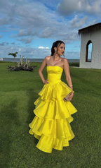 Fashion Yellow Strapless Satin Layered A Line Long Wedding Guest Dress Formal Evening Gown