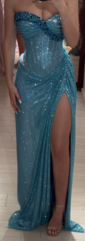 Gorgeous Sweetheart Neck Blue Sequin Beaded High Slit Prom Dress Long Party Dress Y9427