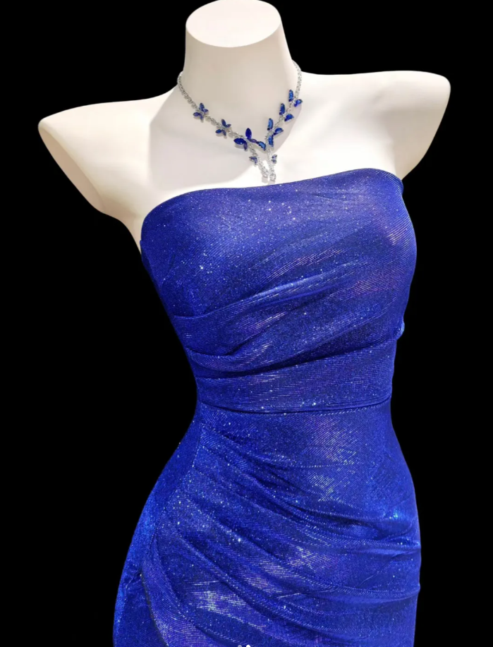 Shiny Strapless Royal Blue Satin Sequin Slit Mermaid Evening Dress Long Party Gown