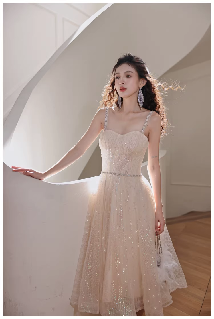 Elegant Light Champagne Tulle Sequin Beaded A Line Mid Length Birthday Prom Dress Evening Gown