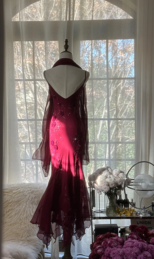 Charming Spaghetti Straps Burgundy Chiffon Beaded Mermaid Long Party Dress Birthday Prom Gown