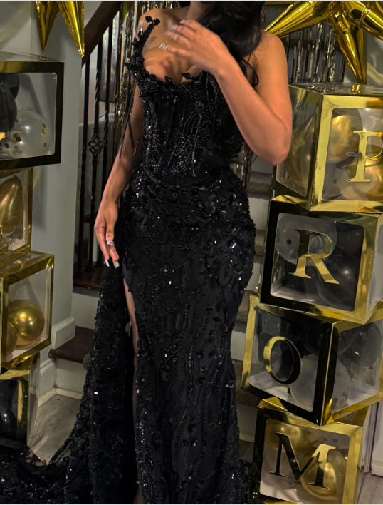 Gorgeous Black Lace Beaded Mermaid Slit Evening Dress Prom Gown