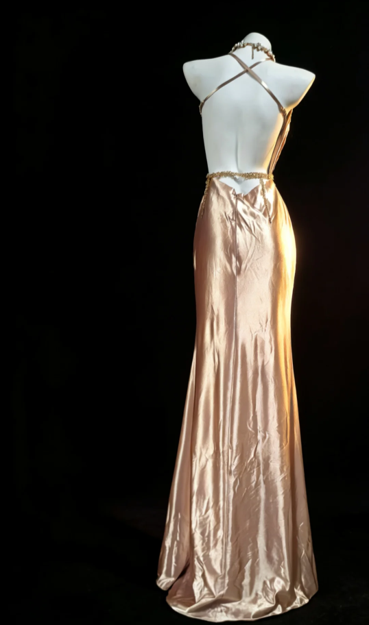 Sexy Halter Satin Pleated Beaded Mermaid Long Party Dress Champagne Backless Evening Dress SP1581