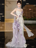 Glamorous Strapless Purple Satin Tulle Mermaid Prom Dress Evening Dress With Flowers Y8601
