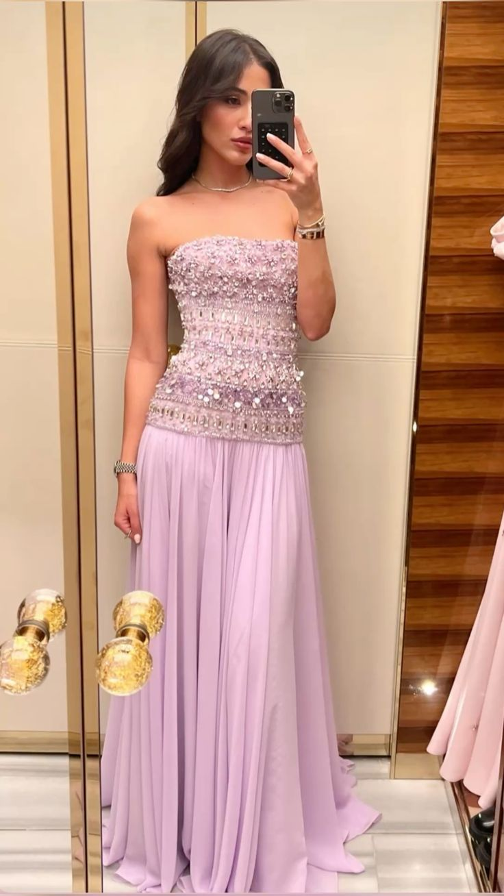 Classy Strapless Purple Chiffon Beaded Long Party Dress Evening Gown
