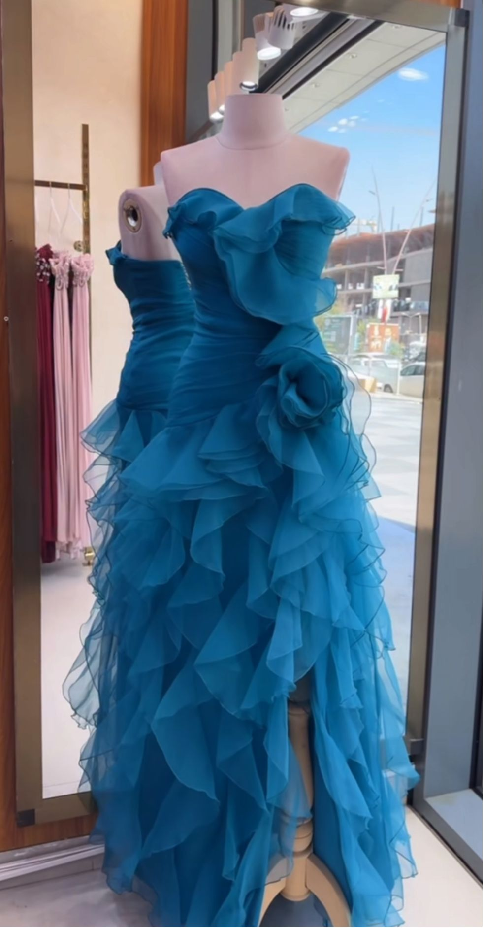 Chic Peacock Blue Strapless Chiffon Ruffled Slit Long Party Dress Evening Gown