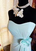 Classy Blue Strapless Chiffon Long Party Dress Birthday Dress With Floral SP1952