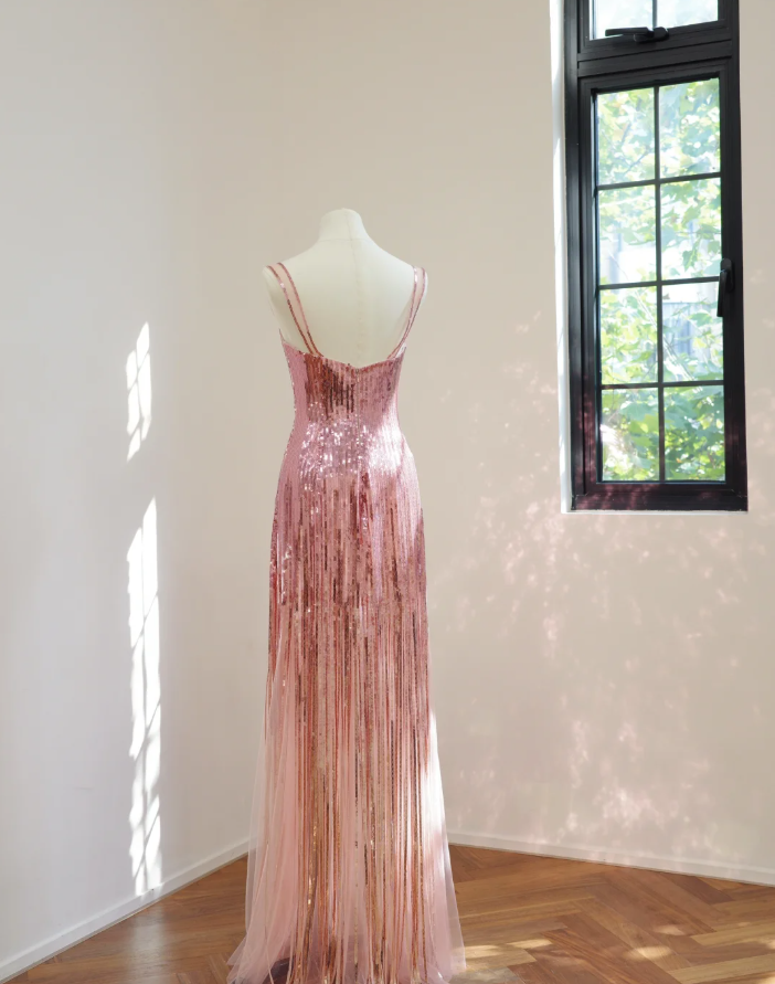 Sparkly Spaghetti Straps Pink Sequin Long Birthday Party Dress Evening Gown