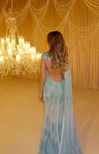Pretty Ombre Blue Chiffon Sequin Beaded Mermaid Long Party DressBackless Evening Gown