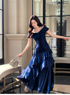 Stylish Navy Blue Off The Shoulder Satin Layered Ruffles Mermaid Long Evening Dress Prom Gown