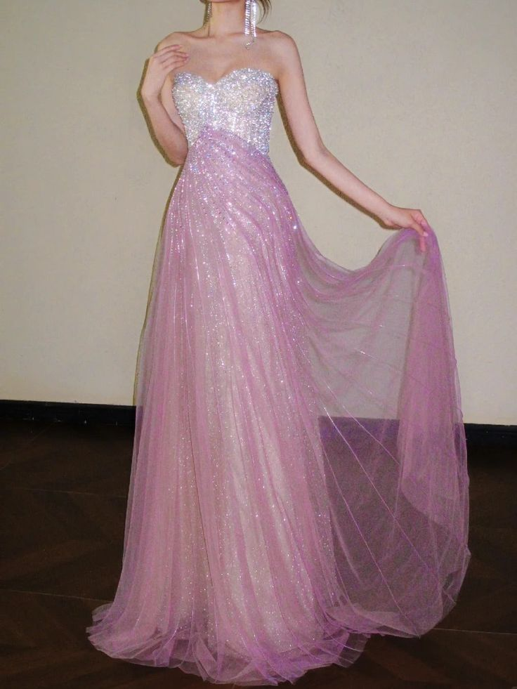 Glitter Strapless Pink Tulle Sequin A Line Long Party Dress Evening Gown