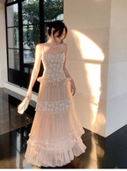 Cute Spaghetti Straps Light Pink Tulle A Line Long Birthday Prom Dress Party Gown SP1505