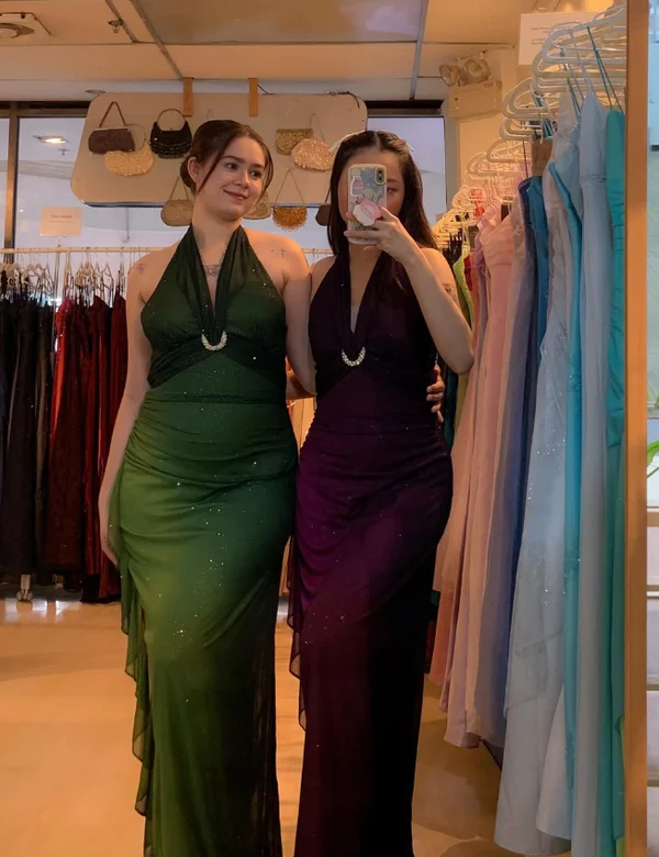 Ombre Green Chiffon Halter Long Prom Dress Glitter Evening Dress Y7481