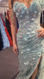 Elegant Green Tulle Applique Beaded Slit Prom Dress Long Mermaid Party Gown SP1320
