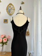 Classy Black Chiffon Beaded Appliques Long Party Gown Formal Evening Dress
