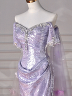 Glitter Lilac Sequin Tulle Beaded Mermaid Slit Evening Dress,Off The Shoulder Tulle Appliques Prom Dress Y8632