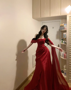 Charming Red Off The Shoulder Tulle Mermaid Long Guest Dress Party Dress SP285